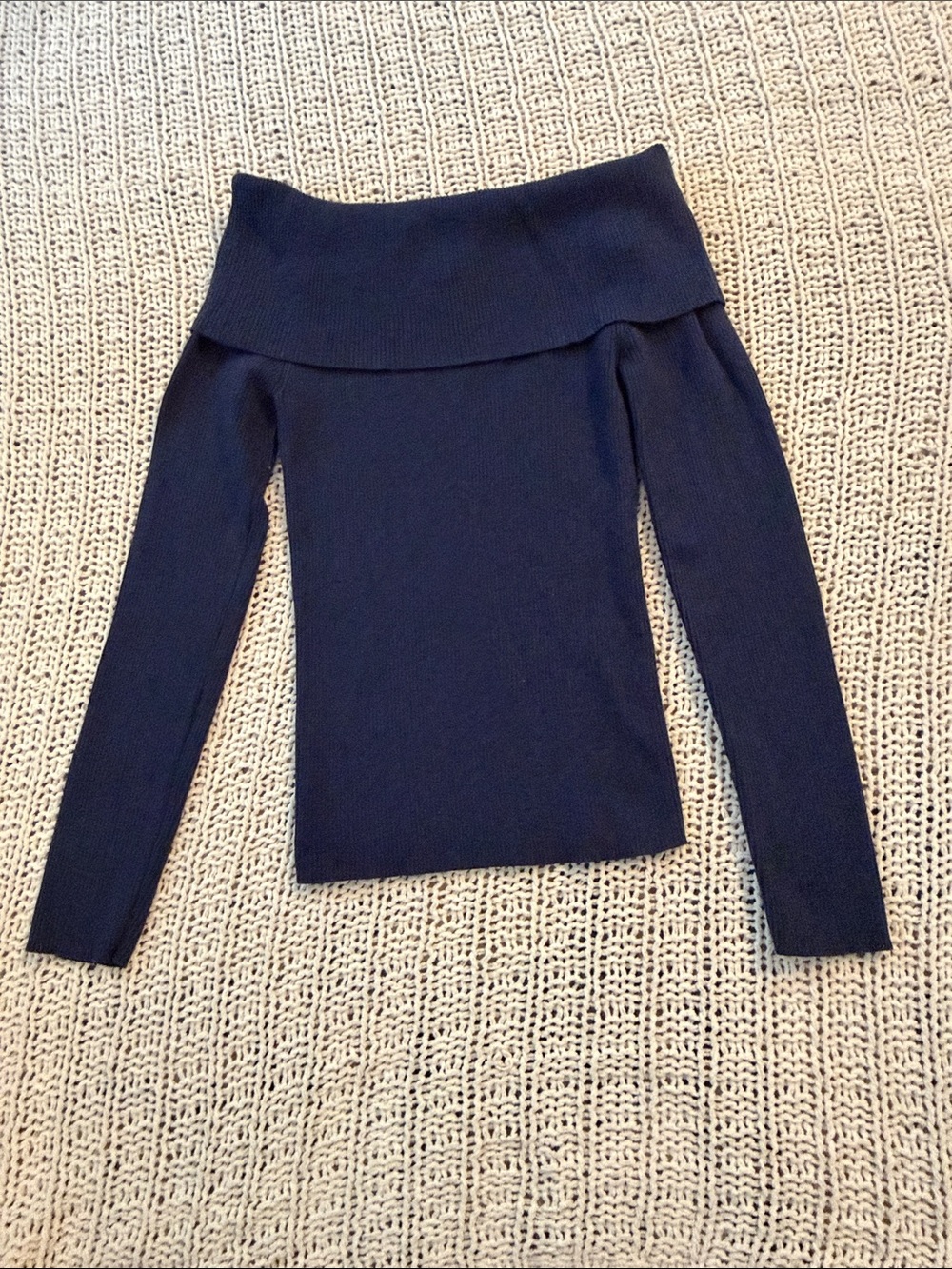 Ann Taylor Factory Navy Off-Shoulder Ribbed Long-Sleeve Top